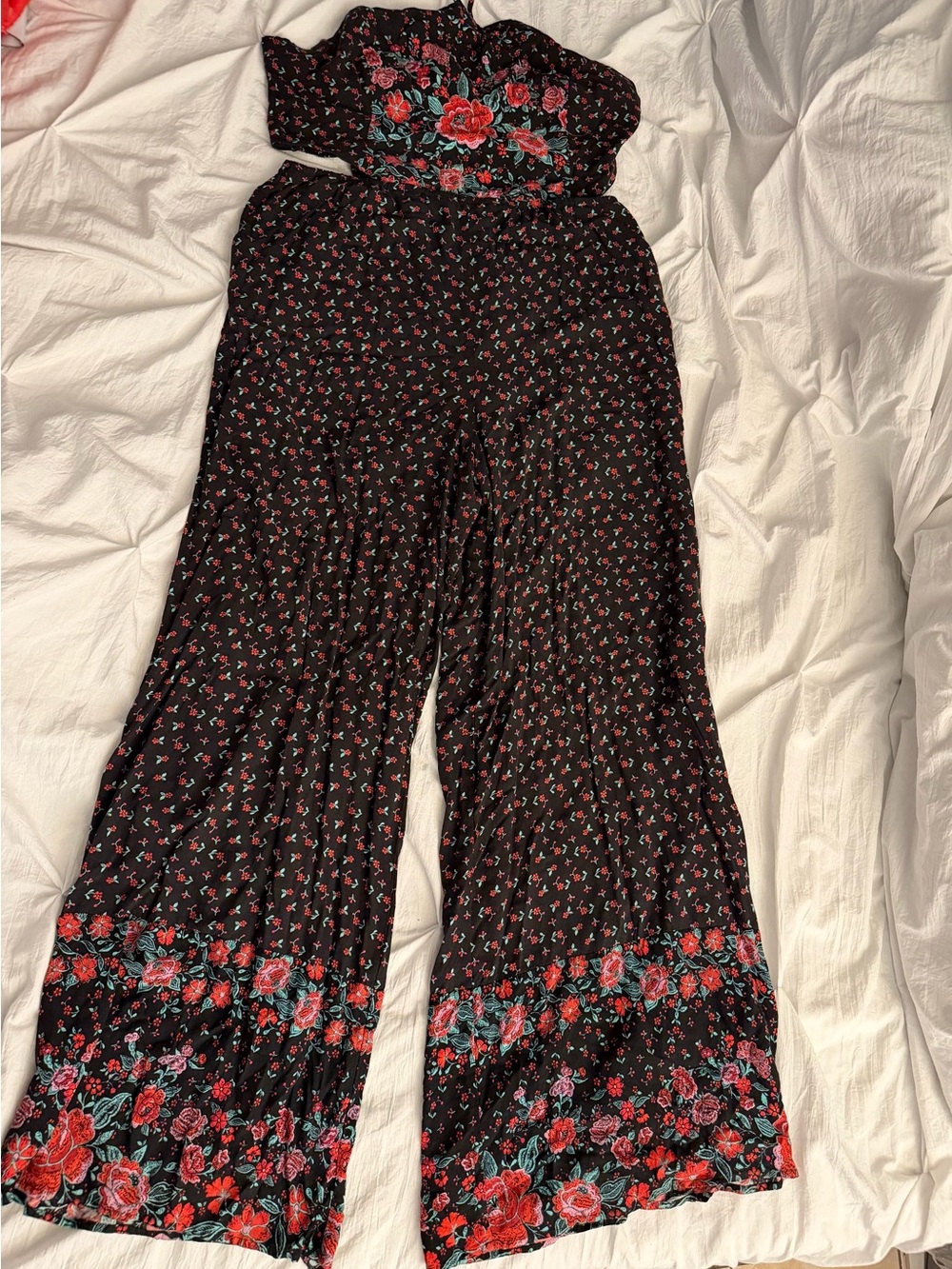 Black Strapless Jumpsuit with Red Roses